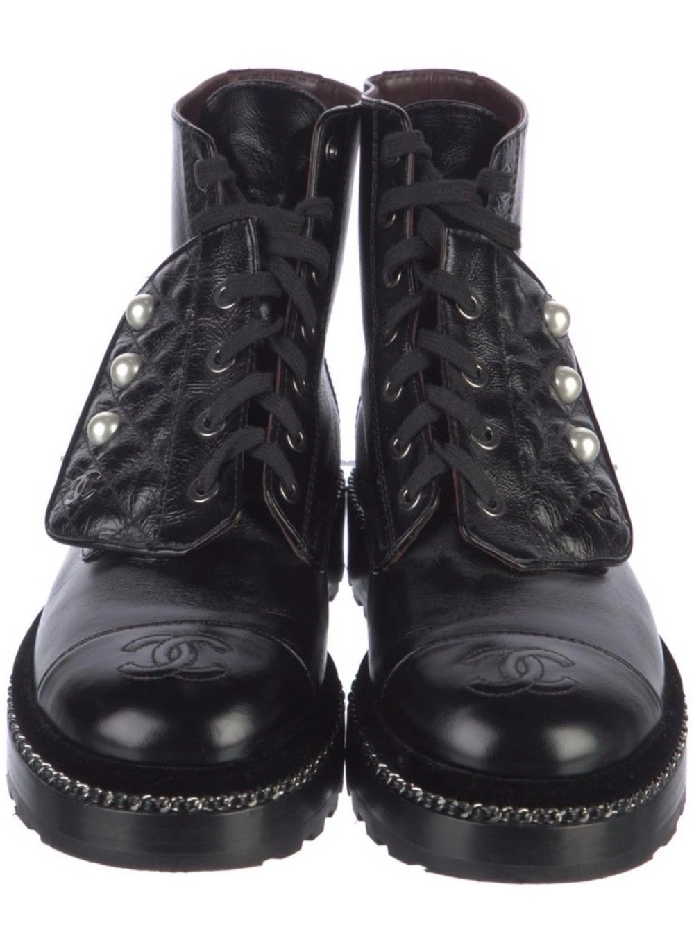 Chanel Black Leather Pearl-Accent Lace-Up Ankle Boots 38